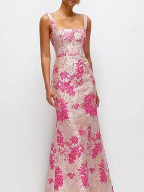 Dessy Group - Hibiscus Pink Floral Jacquard Square Neck Maxi Dress